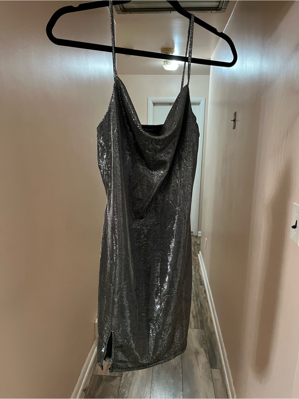 Silver Sequin Cowl Neck Mini Dress